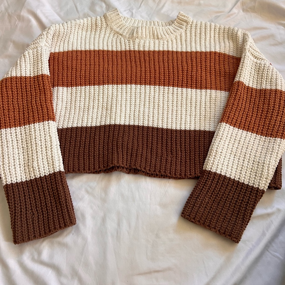 moon & madison Cream, Rust & Brown Striped Cropped Knit Sweater